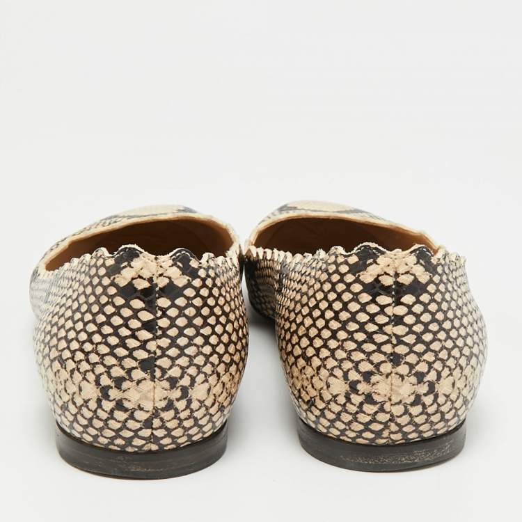 Pre Owned Chloé Lauren Scalloped  Size 35.5 Beige/Biege Python Embossed Leather Ballet Flats