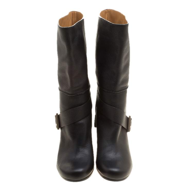 مملوكة مسبقًا Chloe Black Leather Mid-Calf Buckle Boots Size 37
