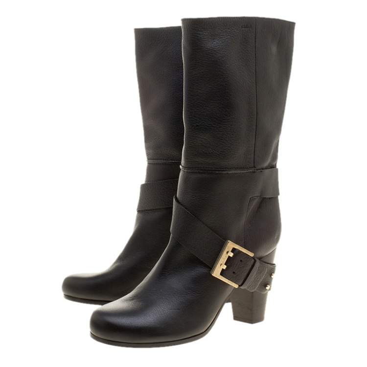 مملوكة مسبقًا Chloe Black Leather Mid-Calf Buckle Boots Size 37