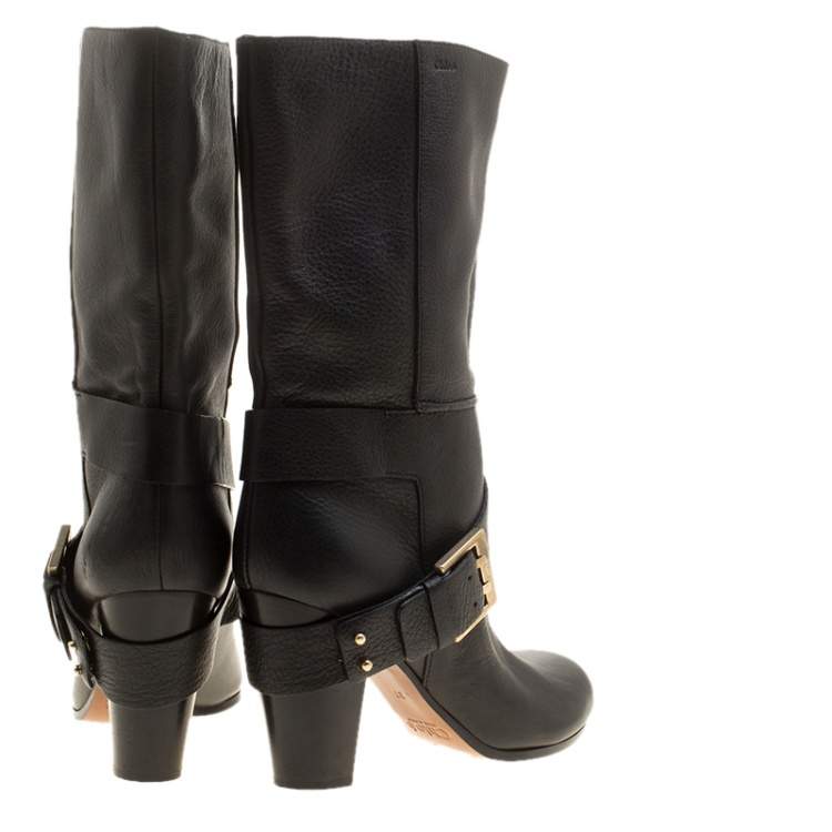 مملوكة مسبقًا Chloe Black Leather Mid-Calf Buckle Boots Size 37