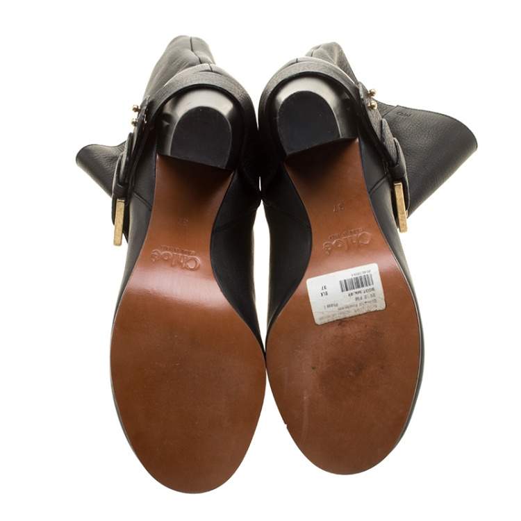 مملوكة مسبقًا Chloe Black Leather Mid-Calf Buckle Boots Size 37