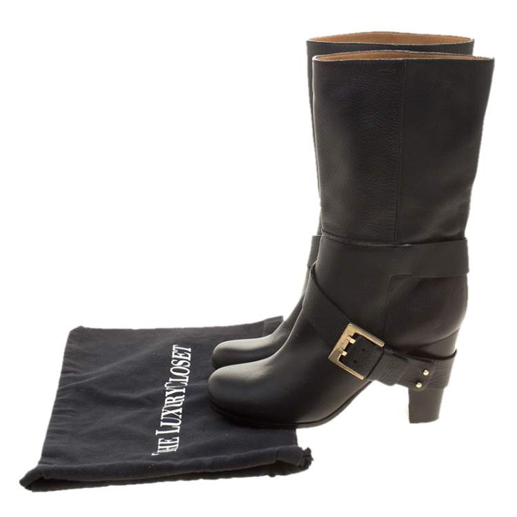 مملوكة مسبقًا Chloe Black Leather Mid-Calf Buckle Boots Size 37