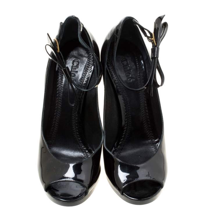 Pre Owned Chloe Black Patent Leather Bow Detail Ankle Strap Peep Toe Pumps Size 37
