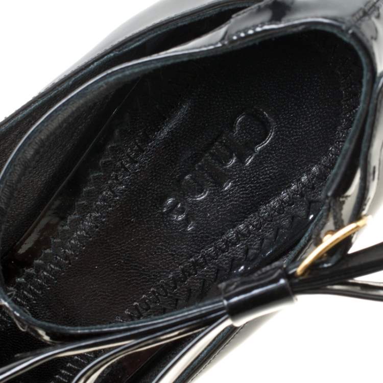 Pre Owned Chloe Black Patent Leather Bow Detail Ankle Strap Peep Toe Pumps Size 37