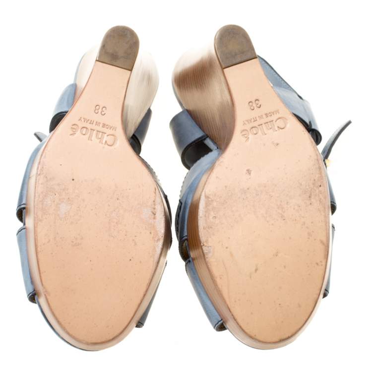 Pre Owned Chloe Blue Leather Peep Toe Platform Wedge Sandals Size 38