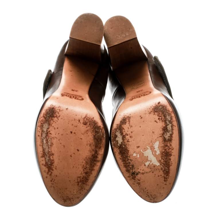 Pre Owned Chloe Brown Leather And Khaki Fabric Mary Jane Block Heel Platform Pumps Size 38