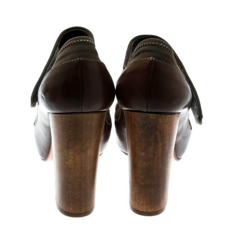 Pre Owned Chloe Brown Leather And Khaki Fabric Mary Jane Block Heel Platform Pumps Size 38