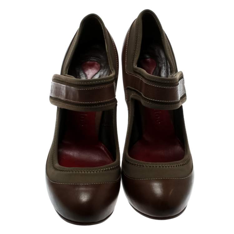 Pre Owned Chloe Brown Leather And Khaki Fabric Mary Jane Block Heel Platform Pumps Size 38