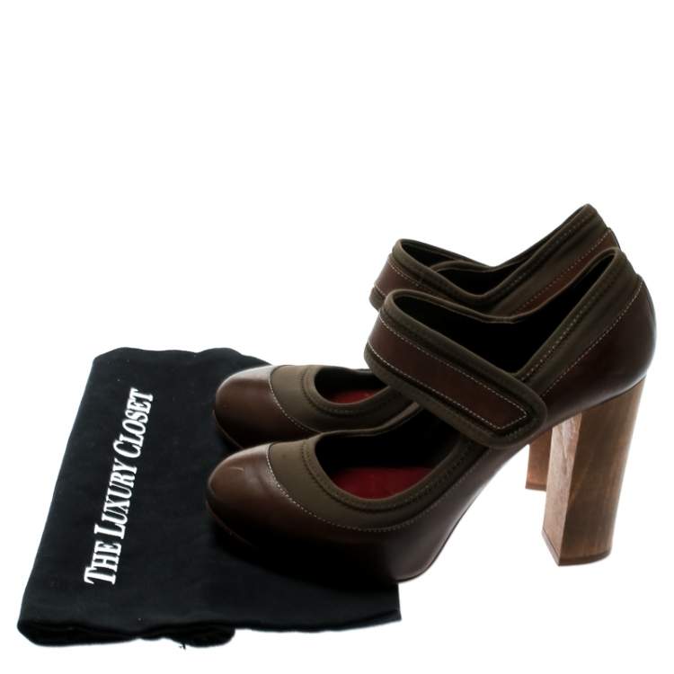 Pre Owned Chloe Brown Leather And Khaki Fabric Mary Jane Block Heel Platform Pumps Size 38