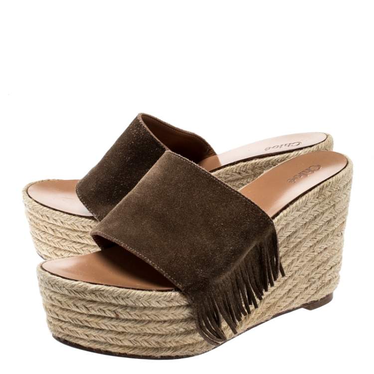Pre Owned Chloe Brown Suede Fringe Detail Wedge Espadrille Sandals Size 39
