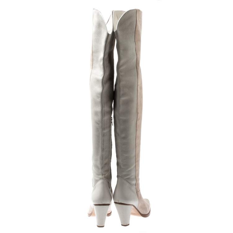 Pre Owned Chloe Pink/White Suede And Leather Knee Length Boots Size 38