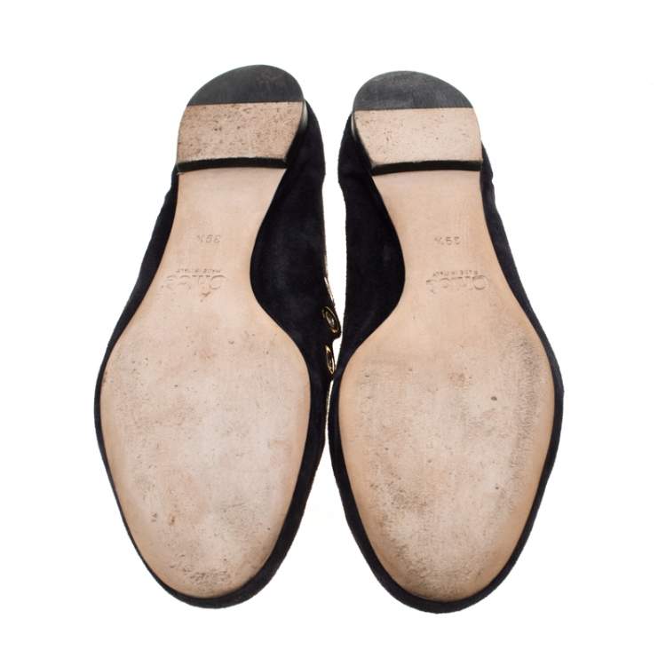 Pre Owned Chloe Dark Blue Suede Scalloped Grommet Ballet Flats Size 39.5