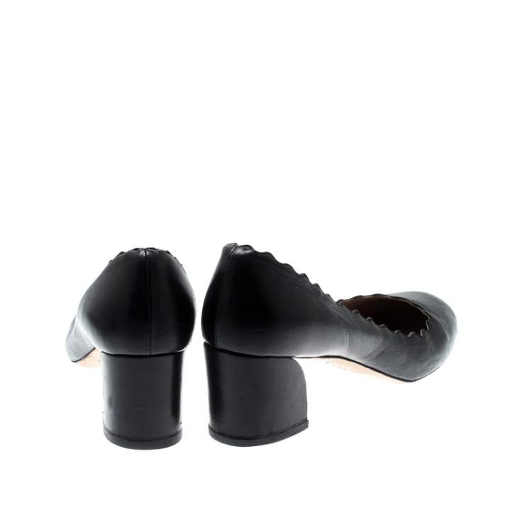 Pre Owned Chloe Black Leather Lauren Scallop Trim Block Heel Pumps Size 38.5