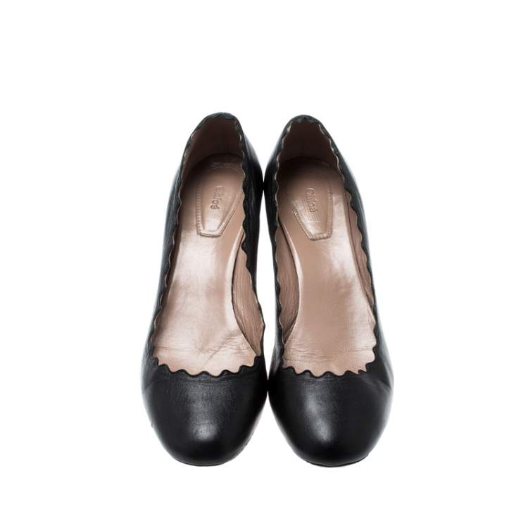 Pre Owned Chloe Black Leather Lauren Scallop Trim Block Heel Pumps Size 38.5