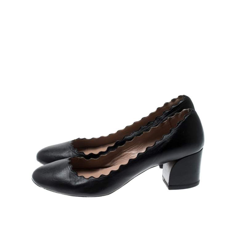 Pre Owned Chloe Black Leather Lauren Scallop Trim Block Heel Pumps Size 38.5