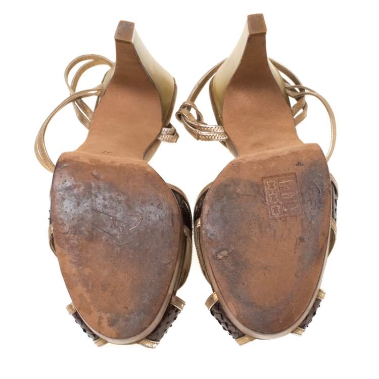 Pre Owned Chloe Gold/Brown Criss Cross Leather and Snakeskin Platform Sandals Size 37