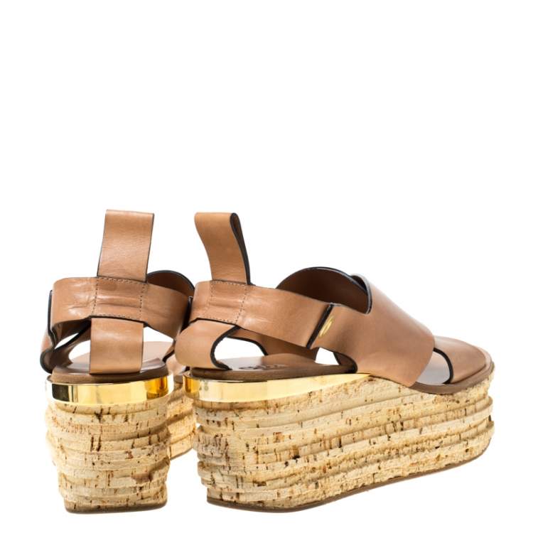 Pre Owned Chloe Brown Leather Clyde Wedge Platform Sandals Size 40