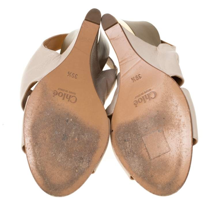Pre Owned Chloe Beige Leather Eliza Wedge Slingback Sandals Size 39.5