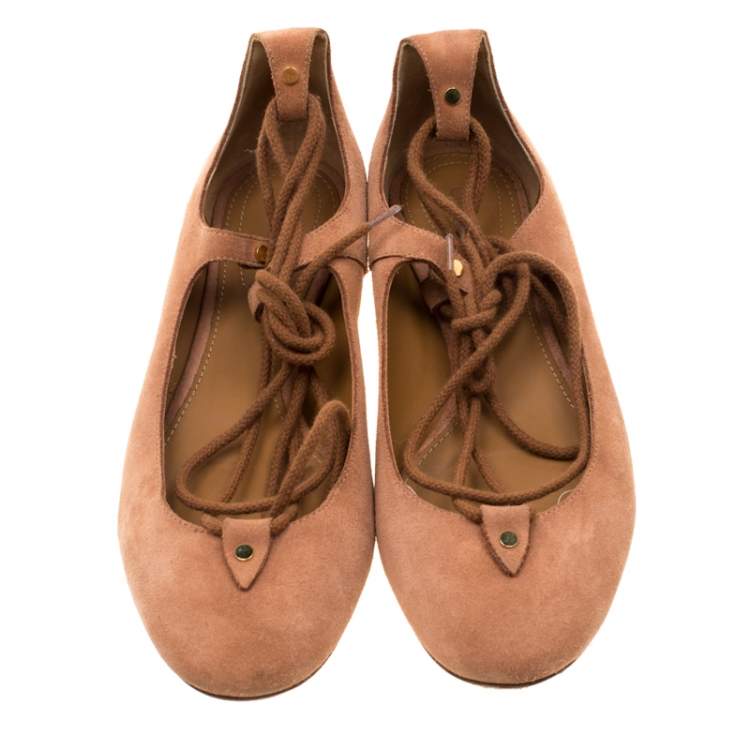 Pre Owned Chloe Brown Suede Foster Lace-up Ballet Flats Size 39