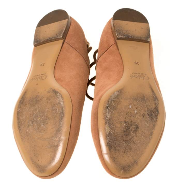 Pre Owned Chloe Brown Suede Foster Lace-up Ballet Flats Size 39