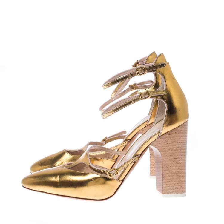 Pre Owned Chloe Gold Metallic Leather Block Heel Ankle Strap Pumps Size 37