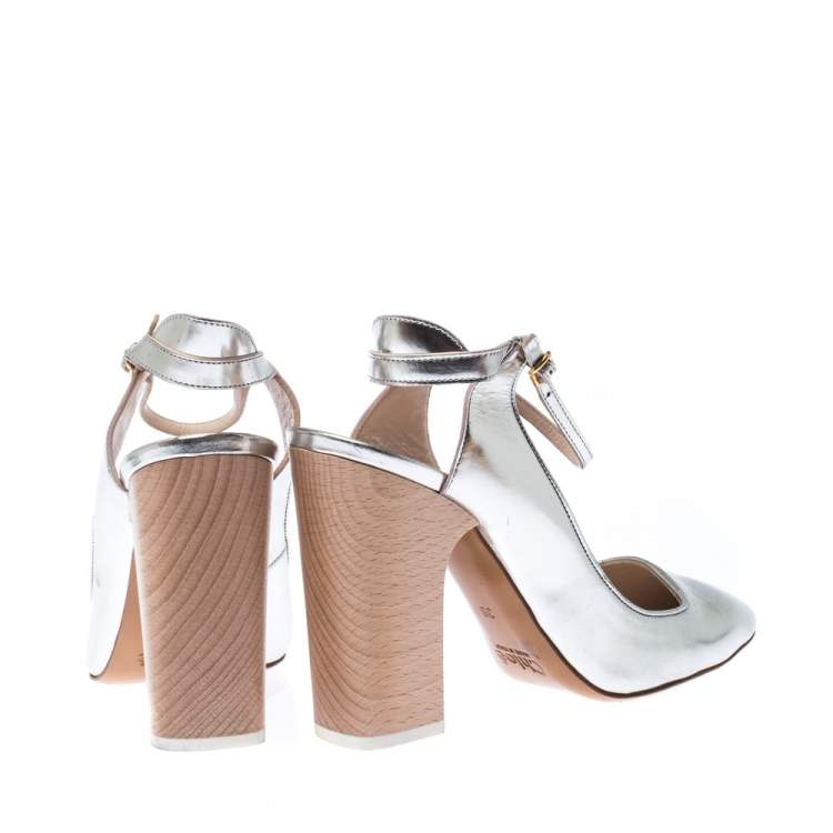 Pre Owned Chloe Metallic Silver Leather Ankle Strap Block Heel Sandals Sizer 38