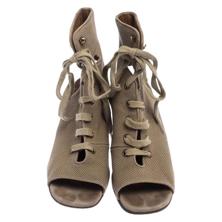 Pre Owned Chloe Beige Canvas Ghillie Lace Up Wedge Sandals Size 36