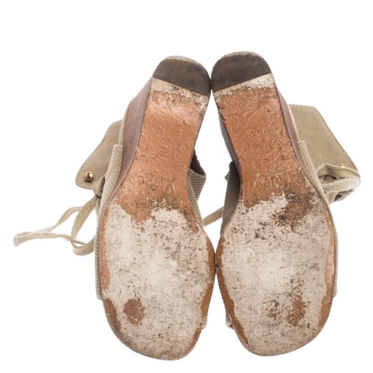 Pre Owned Chloe Beige Canvas Ghillie Lace Up Wedge Sandals Size 36
