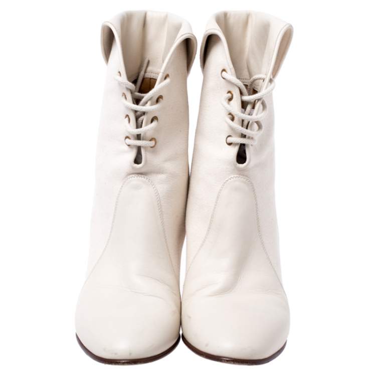 Pre Owned Chloe White Leather And Beige Canvas Kole Ankle Boots Size 38