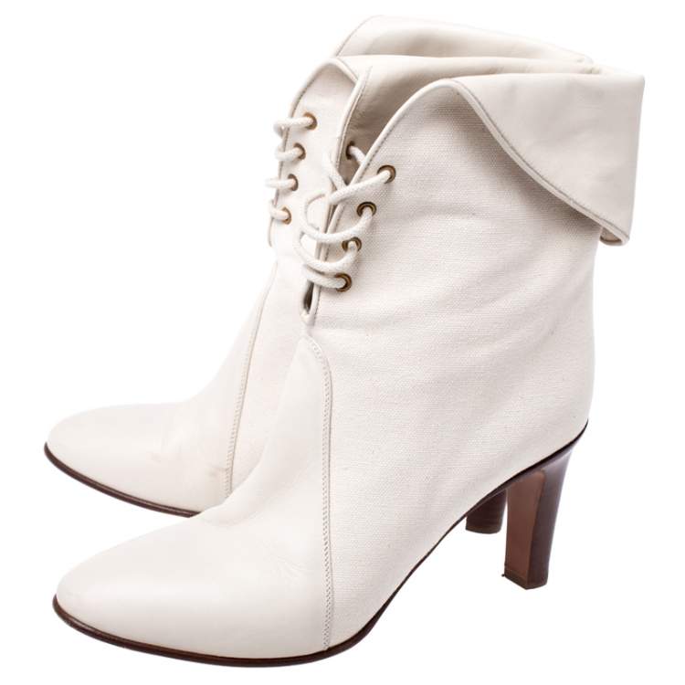 Pre Owned Chloe White Leather And Beige Canvas Kole Ankle Boots Size 38