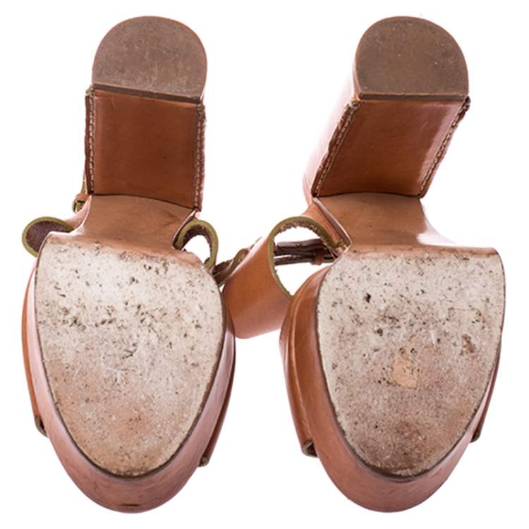 Pre Owned Chloe Tan Leather Platform Ankle Strap Block Heel Sandals Size 39.5