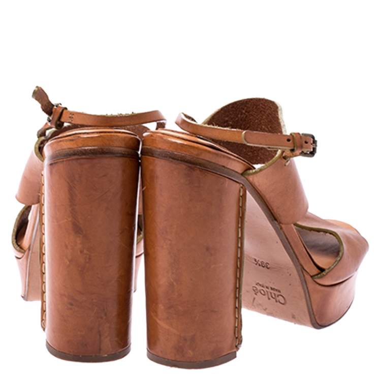 Pre Owned Chloe Tan Leather Platform Ankle Strap Block Heel Sandals Size 39.5