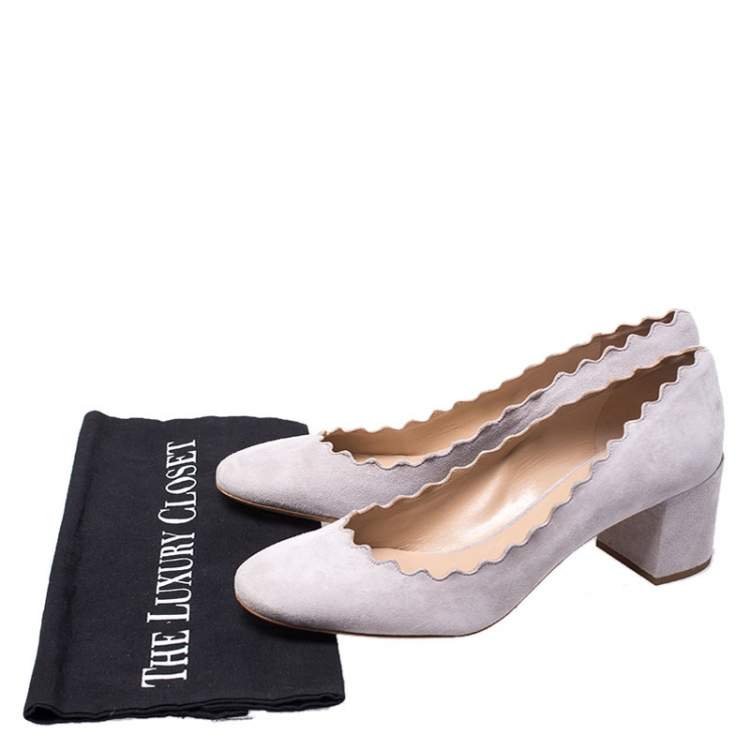 Pre Owned Chloe Light Grey Suede Lauren Scallop Trim Block Heel Pumps Size 39