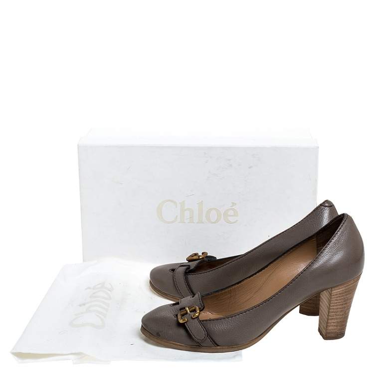 Pre Owned Chloe Grey Leather Buckle Detail Block Heel Pumps Size 37