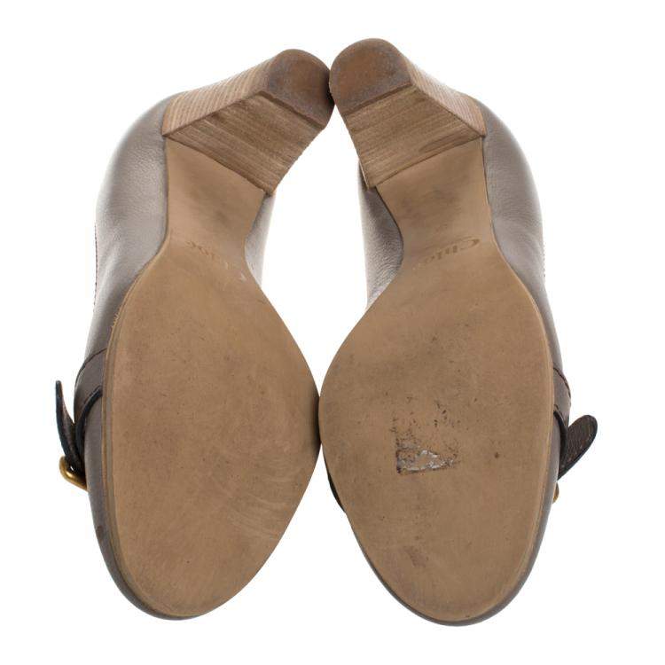 Pre Owned Chloe Grey Leather Buckle Detail Block Heel Pumps Size 37