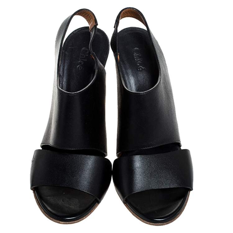 Pre Owned Chloe Black Leather Eliza Wedge Slingback Sandals Size 39.5