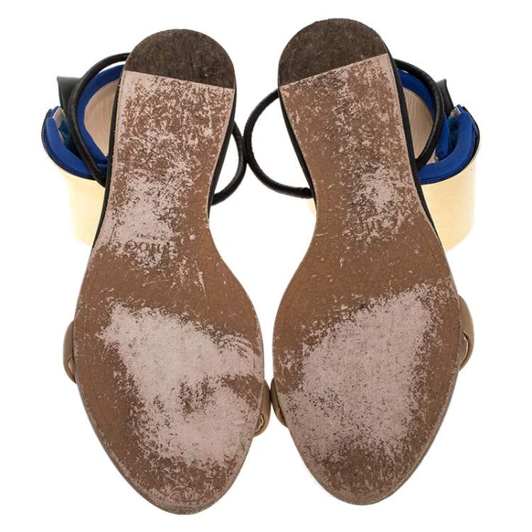 Pre Owned Chloe Blue/Beige Leather And Nylon Ankle Cuff Flat Sandals Size 38