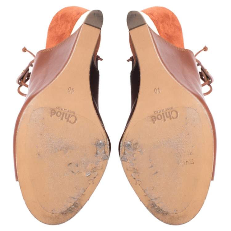 Pre Owned Chloe Brown Leather Eliza Ankle Wrap Wedge Sandals Size 40