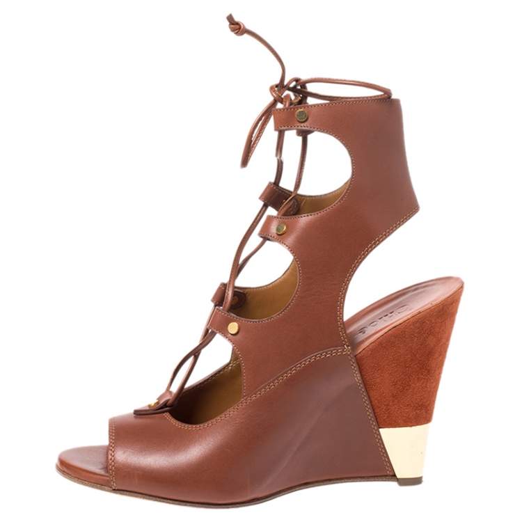 Pre Owned Chloe Brown Leather Eliza Ankle Wrap Wedge Sandals Size 40