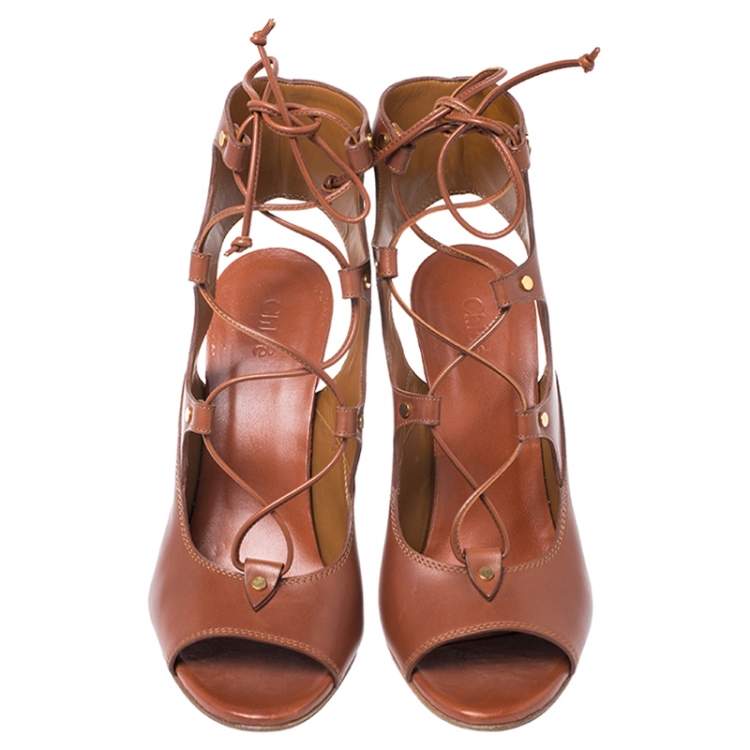 Pre Owned Chloe Brown Leather Eliza Ankle Wrap Wedge Sandals Size 40