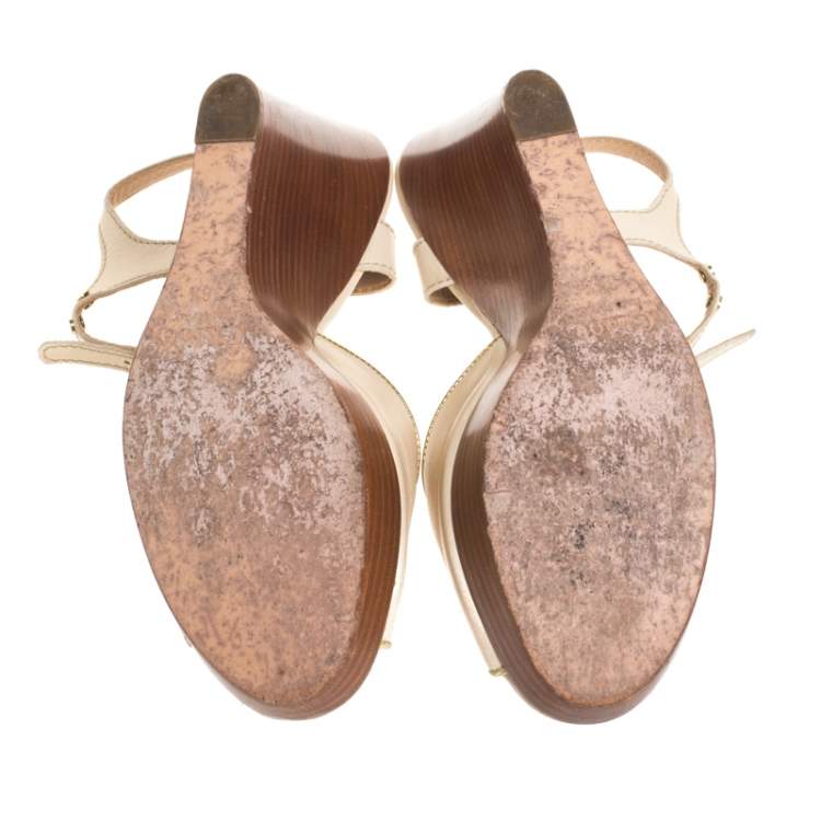 مملوكة مسبقًا Chloe Beige Leather Peep Toe Ankle Strap Wooden Wedge Platform Sandals Size 38.5