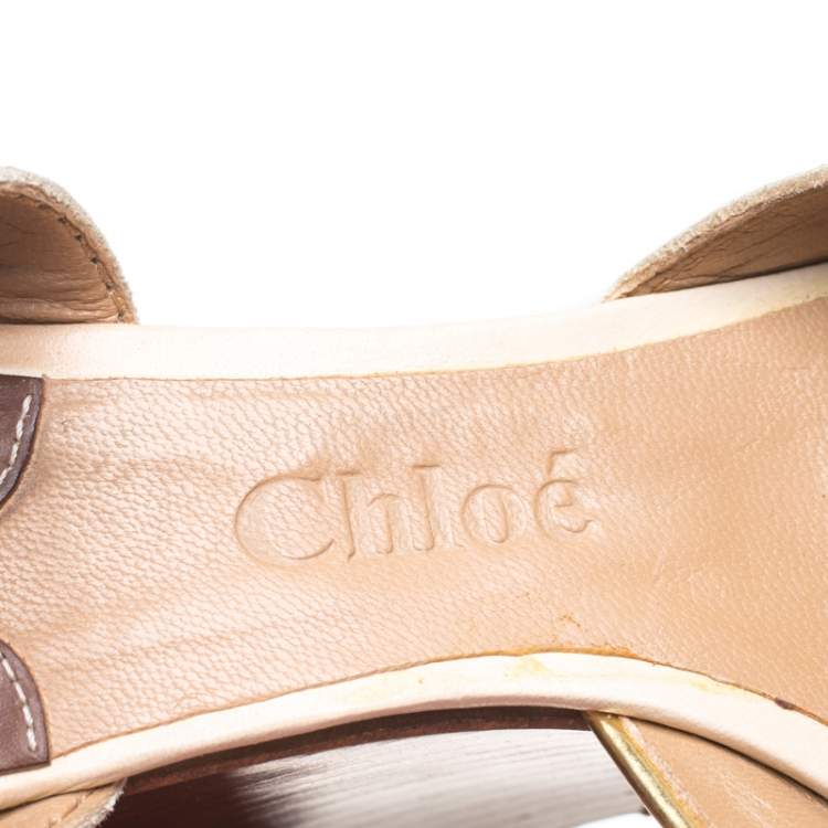 مملوكة مسبقًا Chloe Beige Leather Peep Toe Ankle Strap Wooden Wedge Platform Sandals Size 38.5