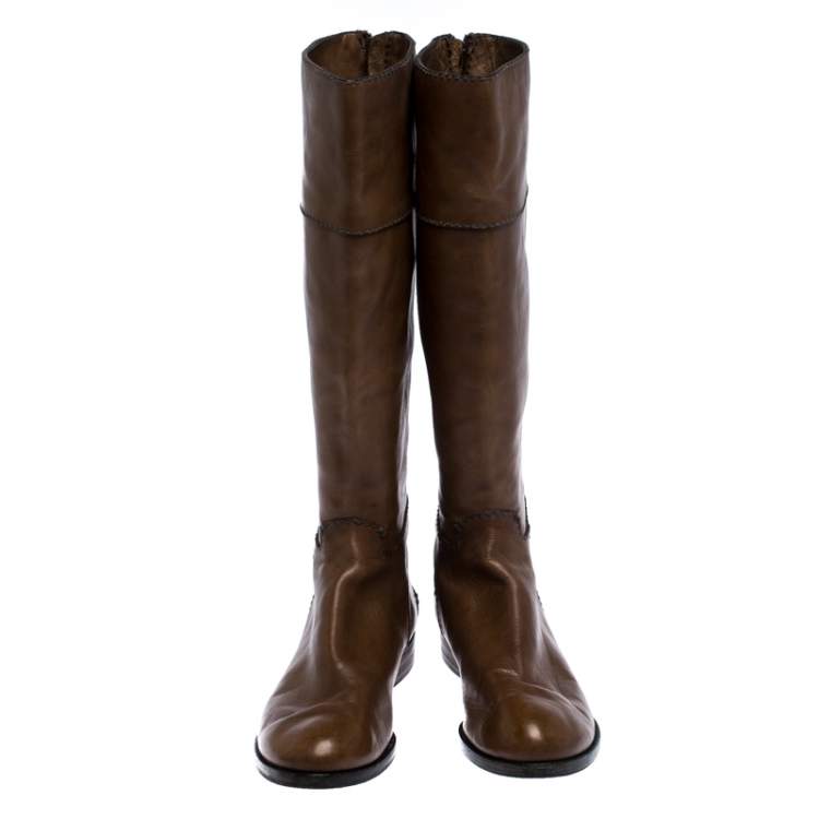 Pre Owned Chloe Brown Leather Knee Length Flat Boots Size 42