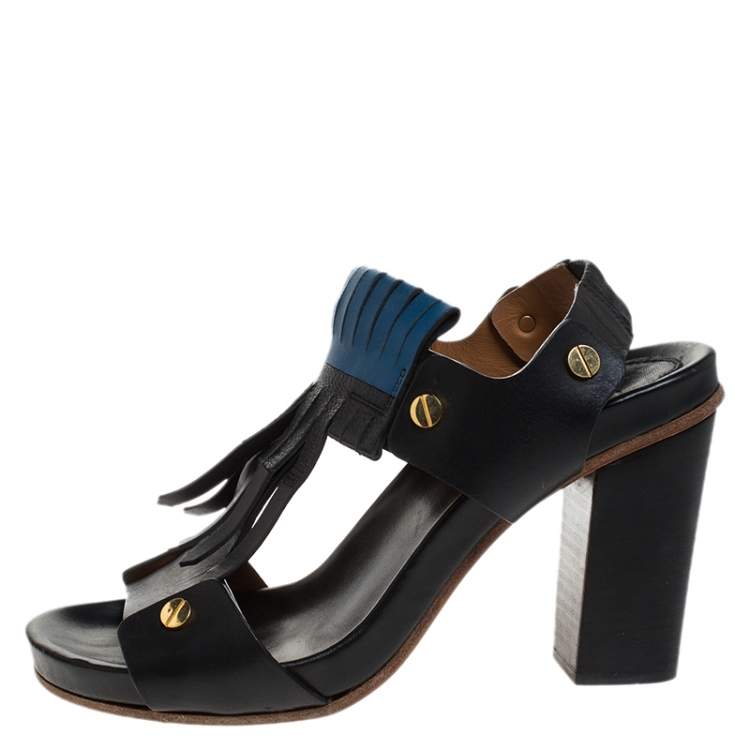 Pre Owned Chloe Black Leather Fringes Block Heel Sandals Size 39.5