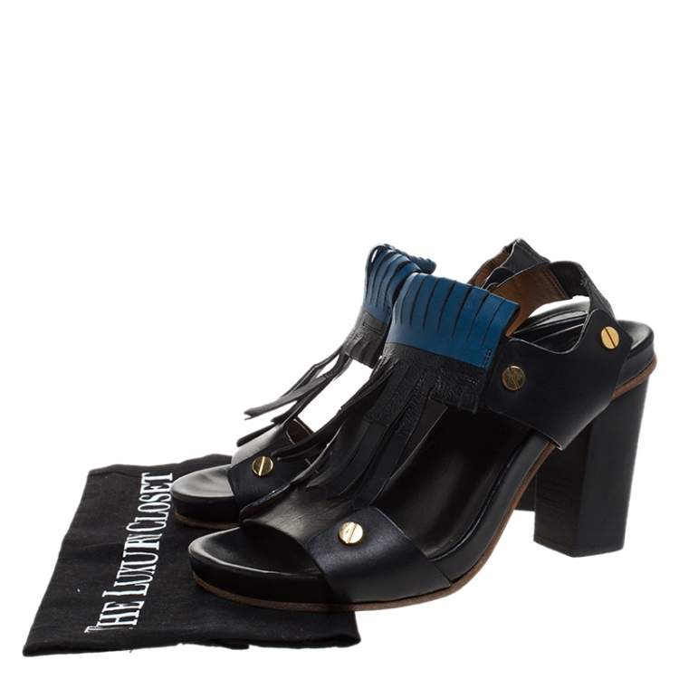 Pre Owned Chloe Black Leather Fringes Block Heel Sandals Size 39.5