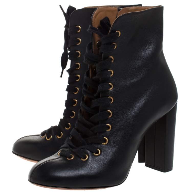 Pre Owned Chloe Black Leather Lace Up Ankle Boots Size 39