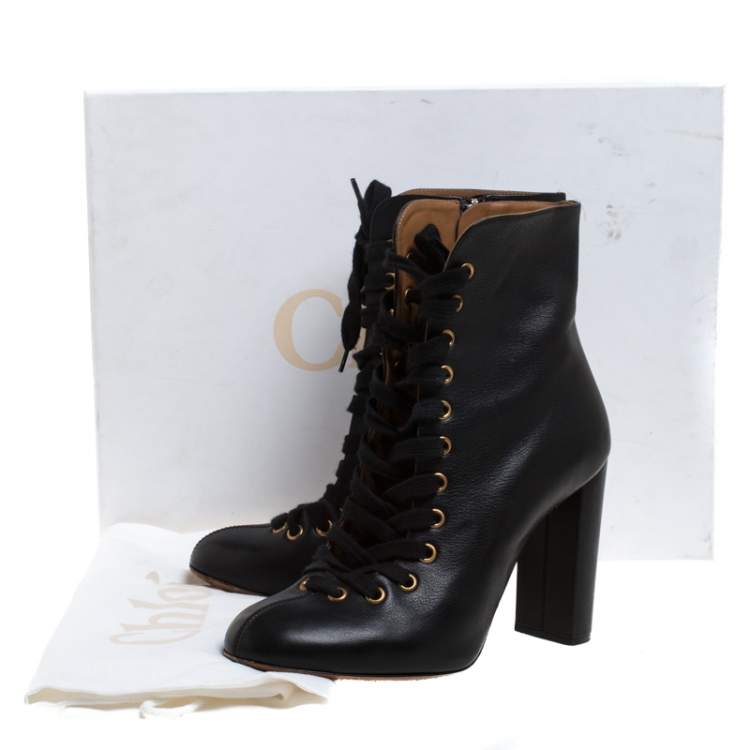 Pre Owned Chloe Black Leather Lace Up Ankle Boots Size 39