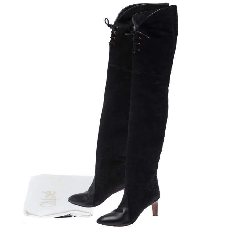 مملوكة مسبقًا Chloe Black Suede Leather Thigh Length Boots Size 39