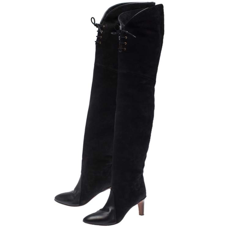مملوكة مسبقًا Chloe Black Suede Leather Thigh Length Boots Size 39