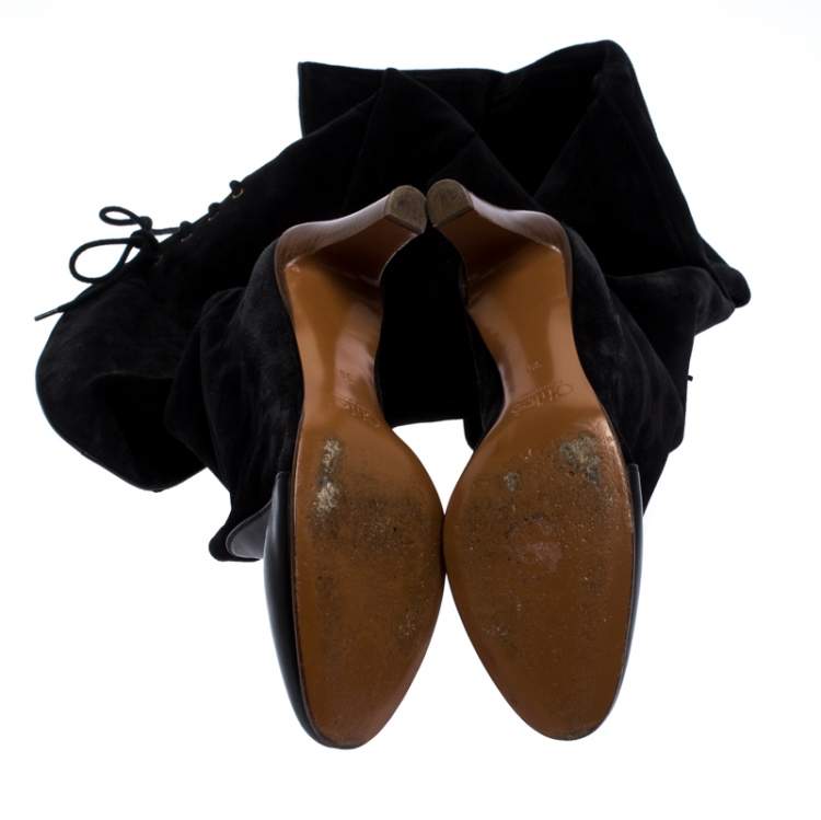 مملوكة مسبقًا Chloe Black Suede Leather Thigh Length Boots Size 39
